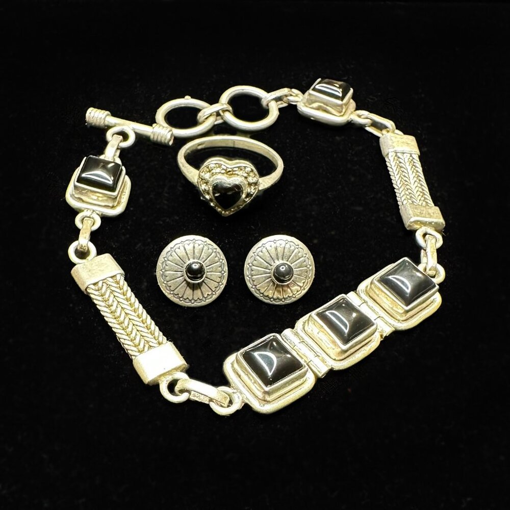 Sterling Silver & Onyx Bracelet + Earrings Set w/ Bonus Ring & Bags